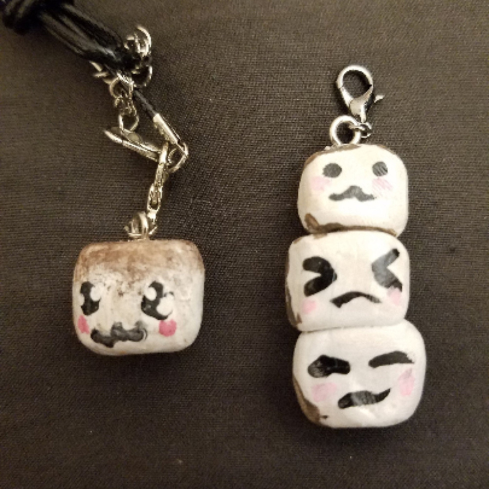 Lot of 2 Handcrafted Polymer Clay Marshmallow Necklace/Choker Charms w/1 Cord
